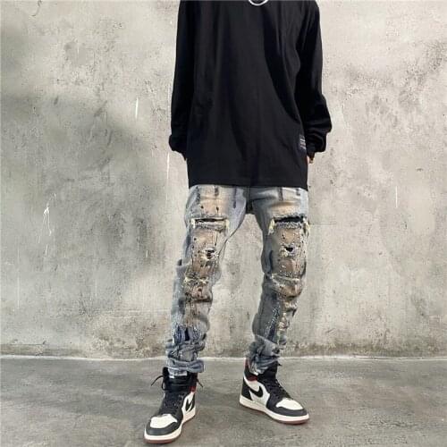 High Street Splashing Jeans Mens Street Slim Elastic Leg Zipper Patch Pants Jeans Homme Marque De Luxe Motorcycle Pants Homme
