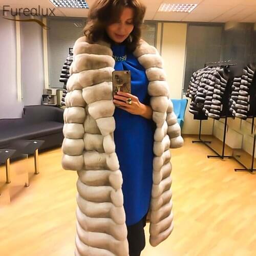 FUREALUX 2021 New Real Rex Rabbit Fur Coat Handmade Winter Womens Long Thick Warm Solid Color Jacket Casual Street Style