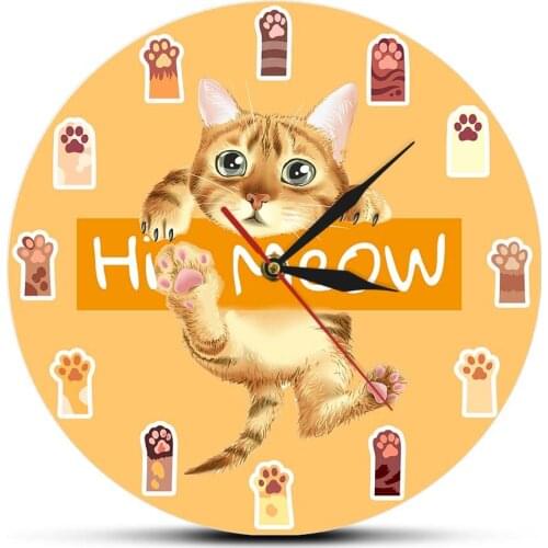 Hi Meow Colorful Cat Paws Art Clock For Kids Bedroom Silent Movement Timepieces Cartoon Home Décor Hanging Kitty Wall Watch