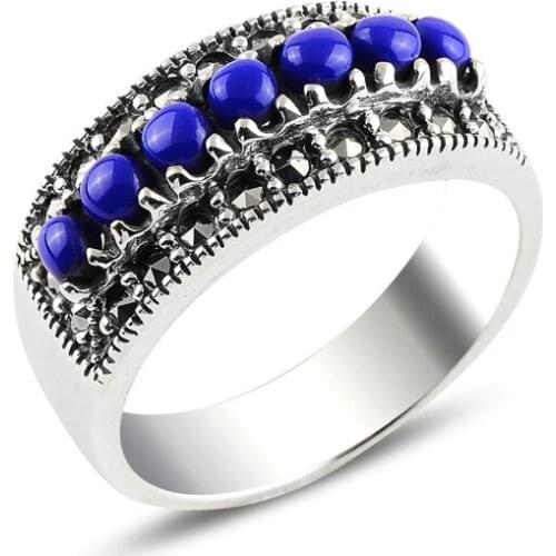 Silver 925 Sterling Lapis Lazuli & Marcasite Ring