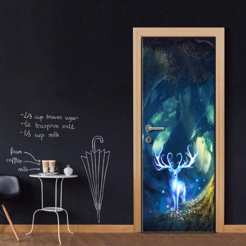 Creative Door Sticker Fantasy Deer Door Cover Wall Stickers Kitchen Wallpaper Renew Mural Decal Home Decor