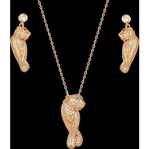 Zlxgirl jewelry Classic AAA cubic zirconia leopard shape wedding jewelry sets high Dubai Gold color animal pendant earrings set