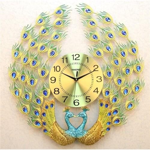 27'' Traditional Chinese Resin Couple Peafowl Wall Clock Handmade Metal Phoenix Lovers Art Clock Living Room Decor Bedroom Craft