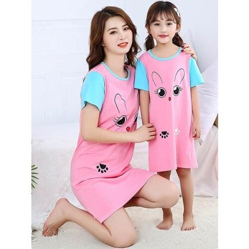 2021 Summer New Parent-child Pajamas Mother and Daughter Cotton Short-sleeved Nightdress Family Matching Clothes Dress for Girls