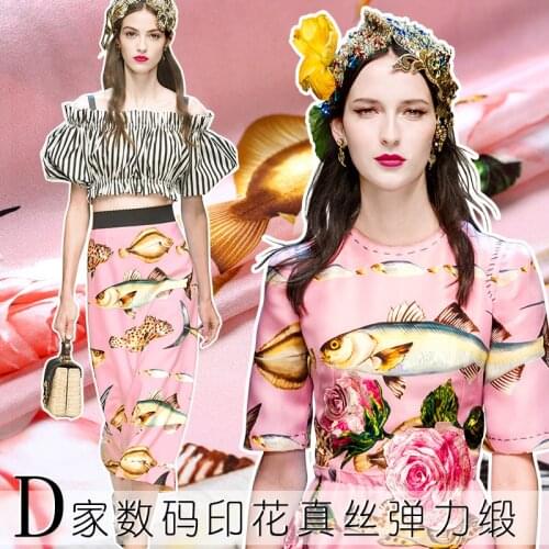 New Super satin silk Crepe designs Sea fish blouse summer style 90% silk cotton fabric textiles for dresses Tissu alibaba retail