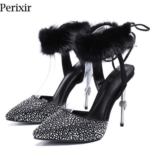 Perixire Design Women Sandals Stiletto Heel Crystal Ankle Feather Sexy Lady Footwear Party Shoes In Summer Large Size 35-43