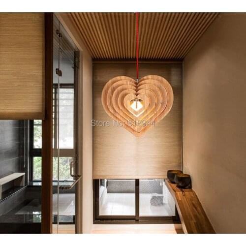 Nordic Art Simple and Brief Personality Wood Heart Shape Hanging Pendant Lights, Restaurant Bar and Living Room Bedroom Lighting