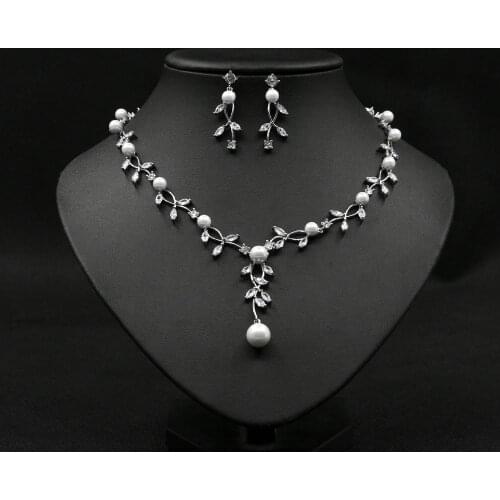 Bridal Wedding Leaves Necklace Earring Set CZ Cubic Zirconia Pearls Jewelry Sets for Women Prom Jewelry Accessories
