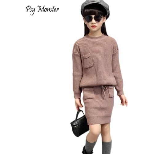 Sweater For Baby Girls Winter Warm Clothing Set Children Knitwear Sweater & Skirt 2 Pieces Dress Suit Teenage Kids Clothes W15