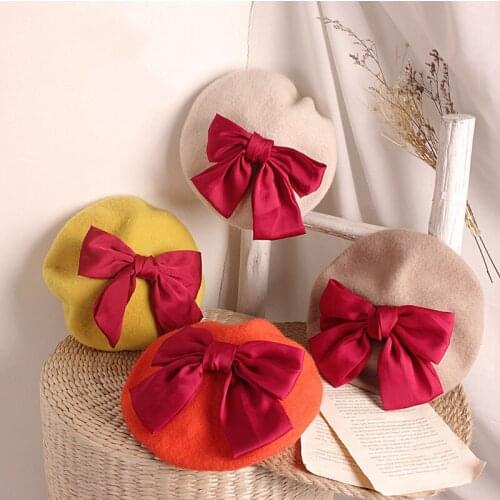 Warm Winter Hats for Girl Kids 2020 Fashion Elegant Big Bowknot Children Girls Wool Beret Hat Painter Cap Apparel Accessories