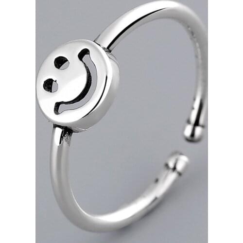Circle Round Happy Smile Face Open Ring For Women Ancient Silver Color Simple Cute Geometric Smiley Faces Adjustable Rings A919