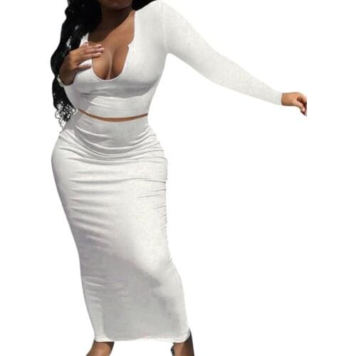 2 Pcs Women Solid Color Outfits, Adults Sexy Slim Low-cut Long Sleeve Crop Tops + Skirt Spring Autumn