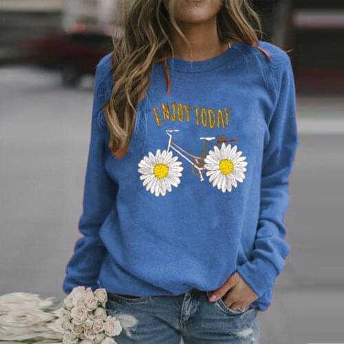 Women Autumn Casual Long Sleeve Sunflower Bike Print Blouse Sweatshirt Pullover
