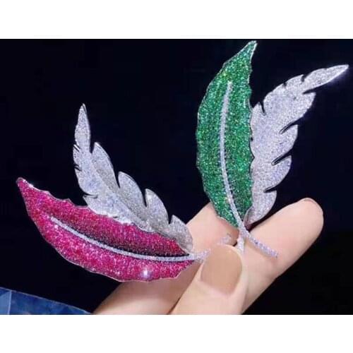 1pc 64x32mm Womens High Quality silver plated Cz micro leaf brooch