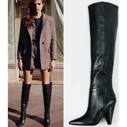 Free Shipping Ladys Solid Black Genuine Leather Pointed Toe 8 cm Heels Spike Heels Slip On Knee High Long Knight Boots
