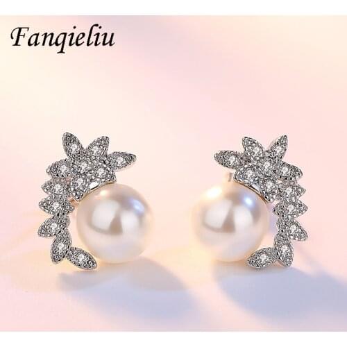 Fanqieliu Luxury Crystal Jewelry With Pearl Stud Earrings Real 925 Sterling Silver For Women FQL21057