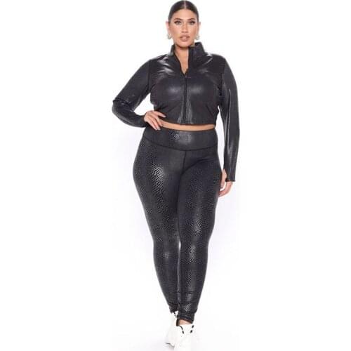 Women Sports Leather Plus Size Three-piece Suit Joggger Outfit Women Trendy Pure Black Serpentine Set Female Wholesale