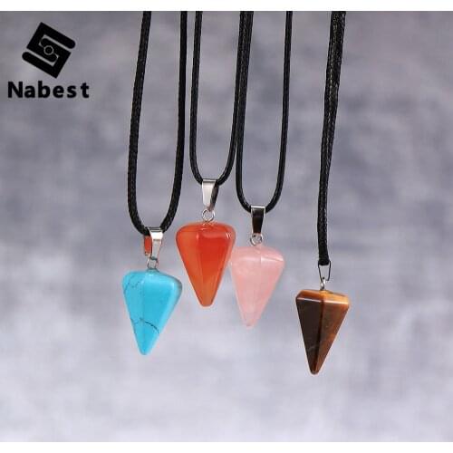 Women Natural Stone Crystal Conical Pendant Necklace Opal Tiger Eye Labradorite Pendulum Reiki Waxed Rope Clavicle Chain Jewelry
