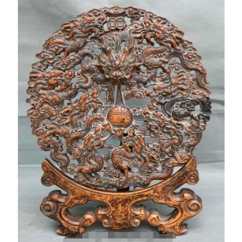 14.8" Old Chinese Dynasty Palace Huanghuali Wood Carving 9 Dragon Screen Statue