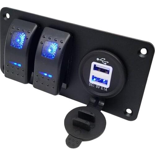 2 Gang Switch Panel For Boat Yacht Marine Motorcycle Truck Waterproof 3.1A Dual USB Car Socket Splitter Rocker Switch Panel