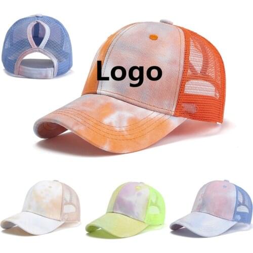 Summer Women Embroidery DIY logo ponytail baseball caps Femlae Custom Trucker hat Mesh sport cap Tie dye Visor