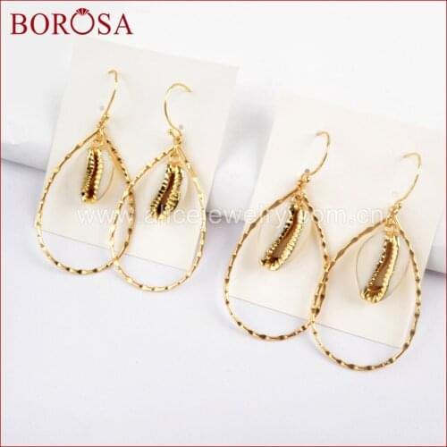 BOROSA Jewelry 5Pairs Natural Cowrie Shell Teardrop Earrings Gold Trim Seashell Earrings Fashion Dangle Earring for Women G1583