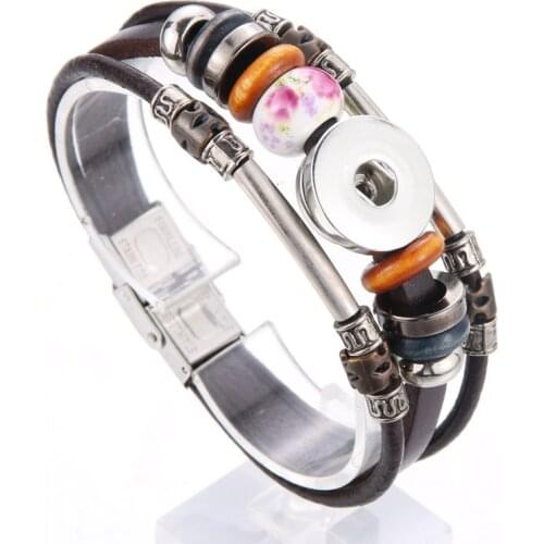 Ceramics Snap Leather Bracelet Retro Handmade Braided Leather Snap Button Bracelet Bangles Fit 18MM Snap Jewelry 6821