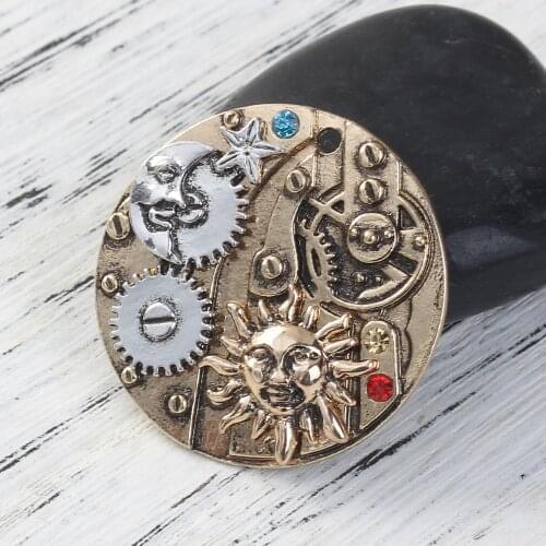 DoreenBeads Zinc Based Alloy Pocket Watch Pendants Round Sun God & Moon God Red&Blue Rhinestone Vintage 34mm(1 3/8") Dia,1Piece