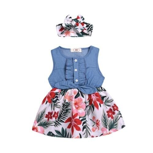 Girls summer dress New Toddler Kids Baby Girl Sleeveless Dress Headband 2pcs Summer Outfits Clothes 1-6T