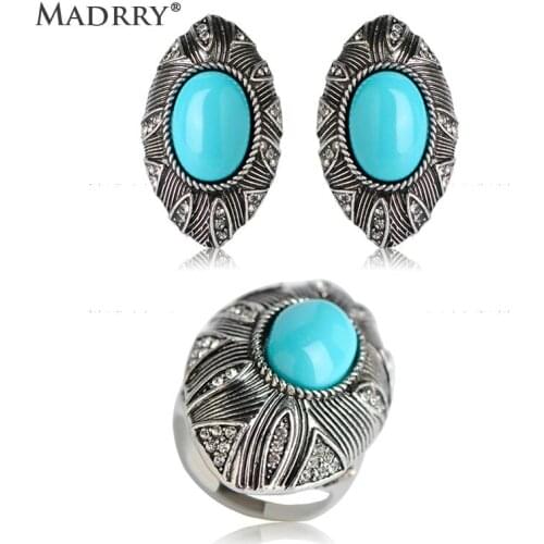 Madrry Oval Shape Resin Stone Jewelry Sets Earrings&Ring Bohemia Retro Antique Silver Color Alloy Metal Party Women Accessories