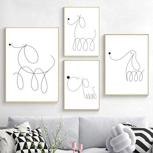 Abstract Dog Line Drawing Wall Art Poster And Print Black White Lines Canvas Painting Minimalist Pictures Living Room Home Decor