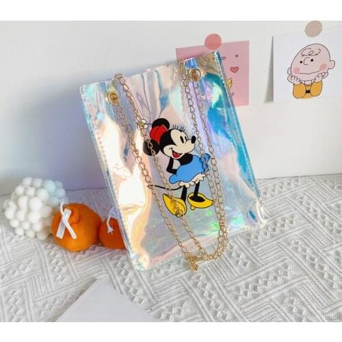 Disney cartoon new ladies fashion laser shoulder messenger chain mobile phone coin purse girl travel lipstick powder storage bag