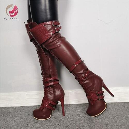 Original Intention Winter Wine Red Cross-tied Buckles Knee High Boots Woman High Platform Stiletto High Heels Sexy Winter Shoes