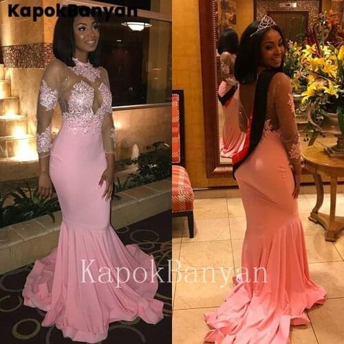 Illusion Transparent Mesh Scoop Neck Open Back Prom Dresses Applique Satin Mermaid Evening Gown