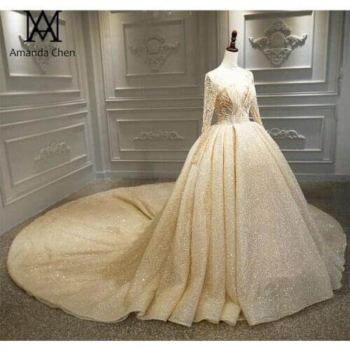 Vestidos de novia para playa Beading Shiny Glitter Tulle Luxury Wedding Dress Long Sleeves 2020