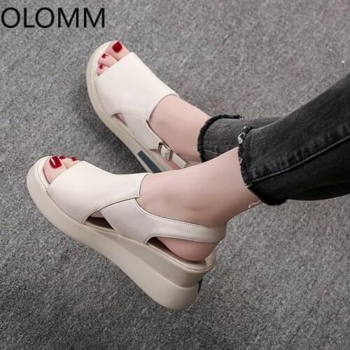 Low Sandals Woman Leather Female Shoe Open Toe Muffins Shoe 2021 Summer Clogs Wedge Low-heeled Girls Peep Flat Platform Comfort