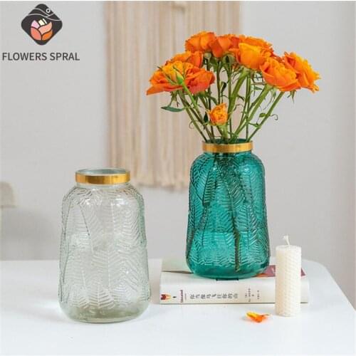 Simple Glass Vase Modern Home Decoration Vase Imitation Gold Circle European Maple Leaf Glass Vase Can Be Hydroponic Vase