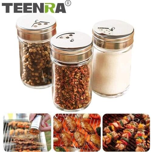 TEENRA Kitchen Glass Salt Shaker Cruet Pepper Shakers Salt Bottle Herb Spice Bottle Tools Barbecue Sauce Bottle Sealed Cans