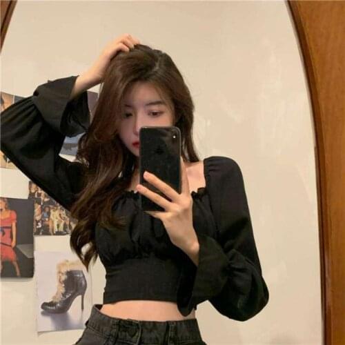 Women Blouse Back Lace-up Long Sleeve Autumn Square Collar Short Midriff-Baring Top Blusas Ropa De Mujer