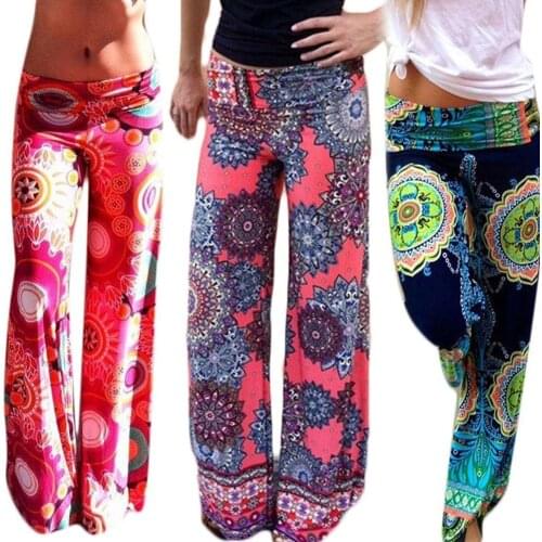 Women\s Summer Floral Pants Casual High Waist Flare Wide Leg Long Trousers Loose Culotte Trousers New