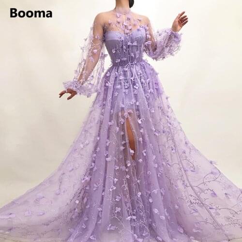 Booma Lavender Embroidery Tulle Prom Dresses Long Sleeves Sheer Neckline Wedding Party Dresses Flowers Split A-Line Prom Gowns