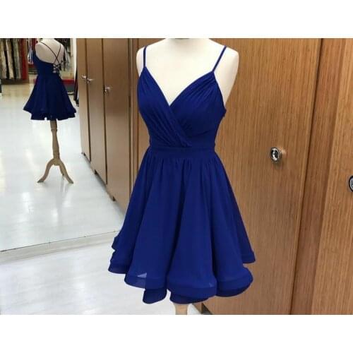 Short Chiffon A-Line V-Neck Homecoming Dresses with Pockets Criss Cross Back Blue Knee Length Graduation Dresses for Women