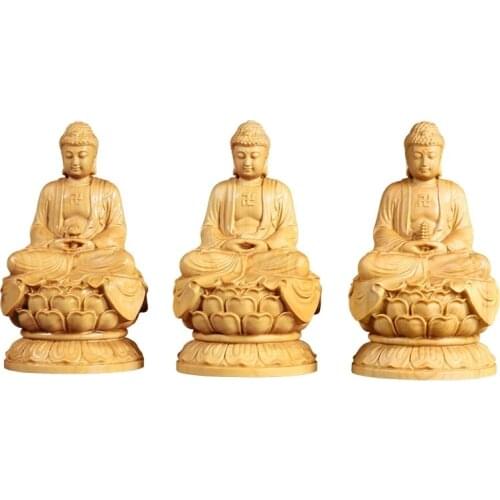 10cm Medicine Buddha Sakyamuni Amitabha Three Buddhas Wood carving Solid wood Ornaments Buddha figures