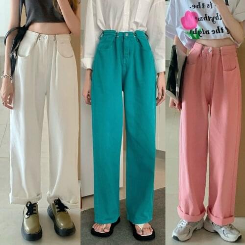 2021 Women Autumn Cotton Long Wide Leg Denim Pants Slim Casual Straight Jeans High Waist Midi Trousers