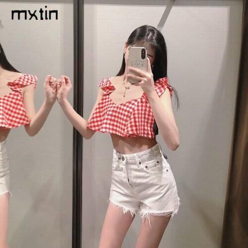 MXTIN 2020 Women Summer Fashion Plaid Cropped Blouses Back Elastic V Neck Sleeveless Pullover Female Shirts Blusas Chic Tops