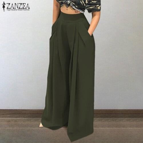 ZANZEA Women Solid Pant Casual Wide Leg Zipper Trousers Elegant Pleated Oversized Pantalon Palazzo Summer Vintage Female OL Pant