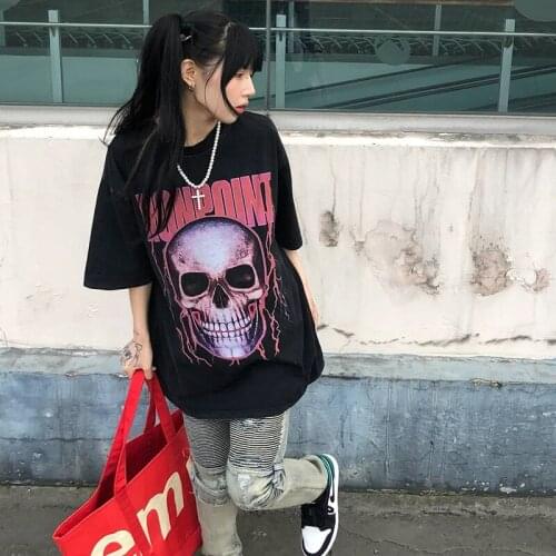 Streetwear Punk Gothic Skeleton Graphic Kpop Hip Hop Tops Harajuku E-Girl Loose Chic Vintage Y2K Loose Oversized Women T-Shirt