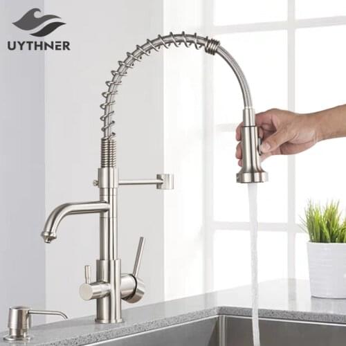 Chrome Waterfilter taps kitchen faucets Dual Handle Deck Mounted Mixer Tap 360 Degree rotation Water Purification Feature Crane