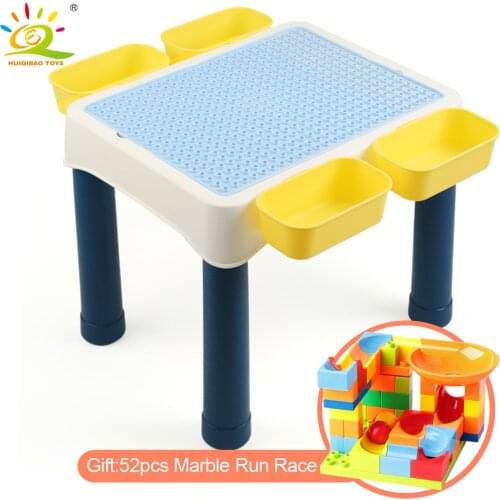 HUIQIBAO TOYS Multifunction Study Desk Table Big Building Blocks Duploed With 52pcs Marble Run Race Toy For Children