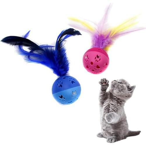 Cat Toys 1pc Pet Hollow Faux Feather Chewing Toys Decor Plastic Gatos Play Ball Toy With Bell Pet Accessories Random Color